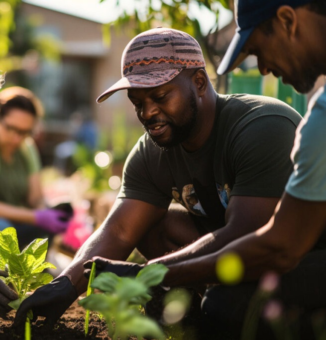 Corporate volunteers working in a community garden