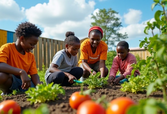 Students learning in a garden